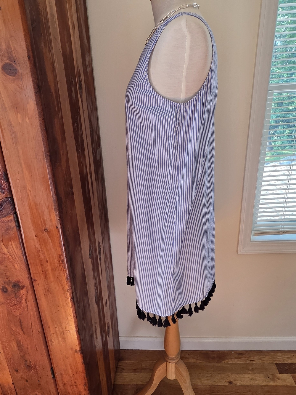 Who What Wear Cotton Blue and White Striped Midi Dress with Black Tassel Trim Sm